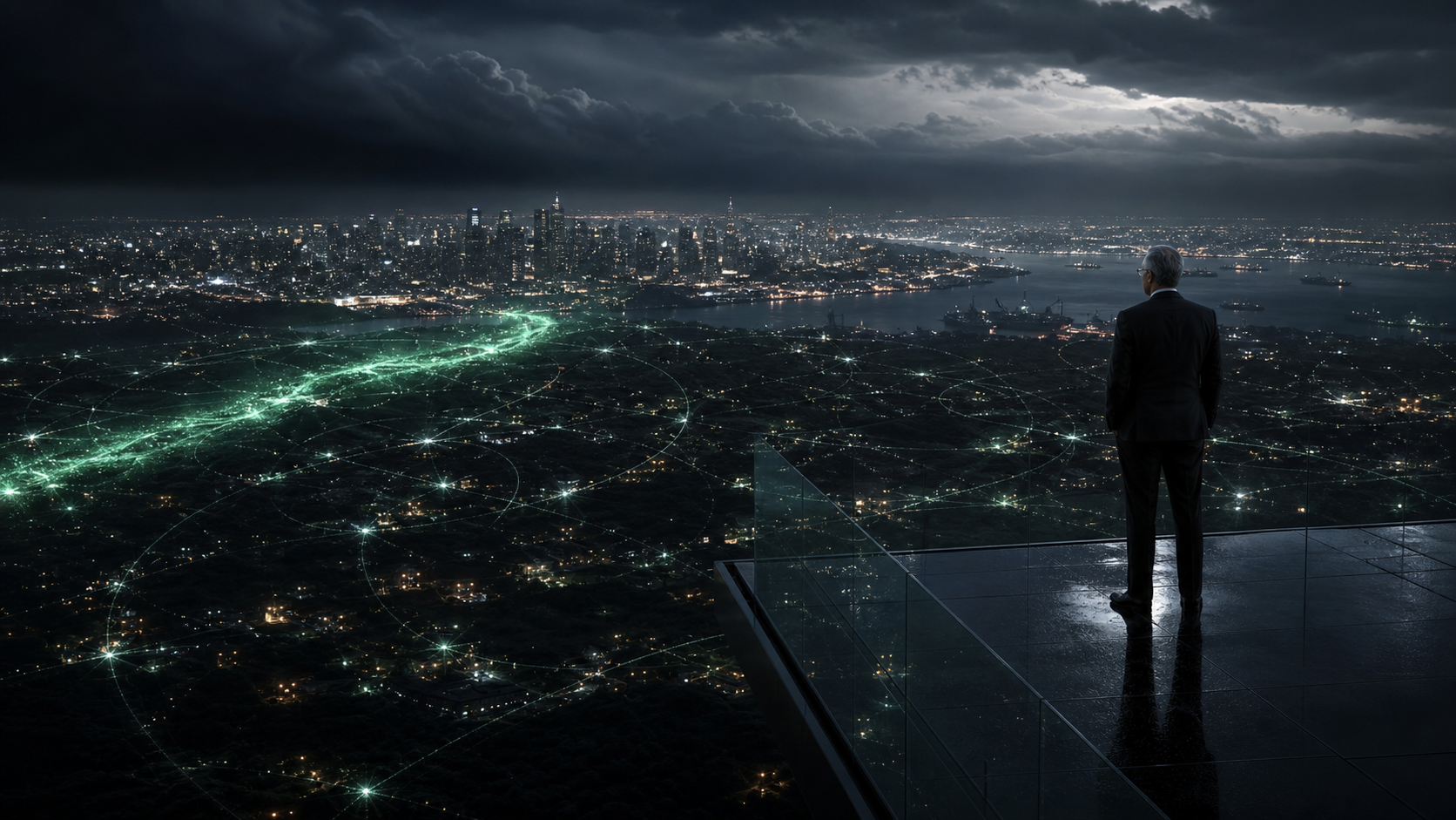 Risk analyst observing a connected financial and supply network before a storm